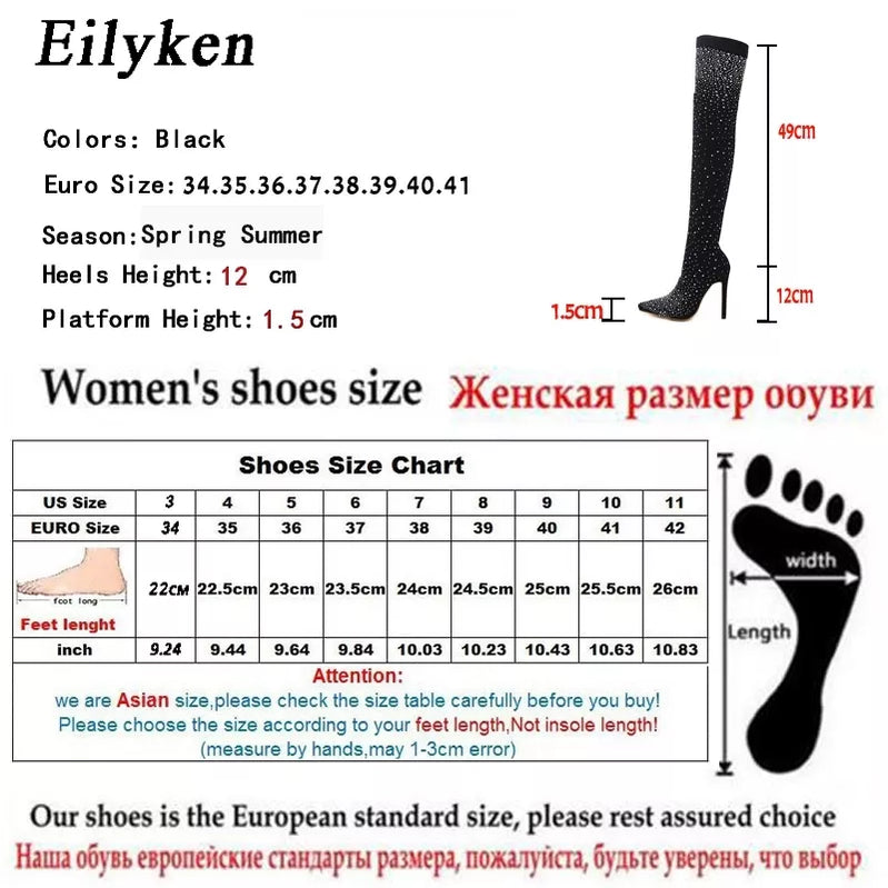 Design Crystal Rhinestone Stretch Fabric Sexy High Heels Sock Over-the-Knee Boots Pointed Toe Pole Dancing Women Shoes