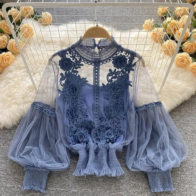 Flower Lace Women Shirts Fashion Slim Lantern Sleeve Ladies Blouse Comfortable Vintage Autumn Winter Thin Perspective Gauze Tops