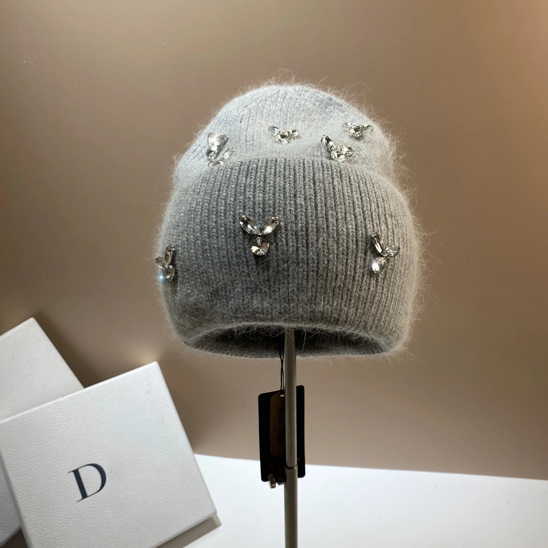 Luxury Rhinestones Fashion Women's Winter Hats Real Rabbit Fur Lady Warm Knitted Hat Outdoor Wool Skullies Beanies Skiing Caps light gray