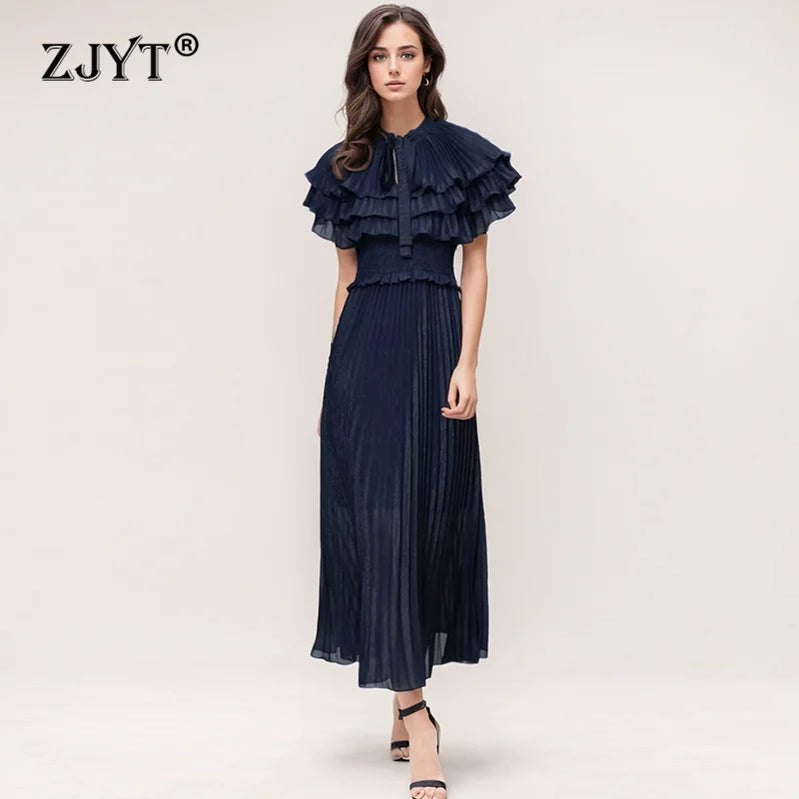 ZJYT Designer Elegant Cloak Sleeve Pleated Dresses for Women 2024 Runway Summer Fashion Elastic Waist Long Party Evening Dress