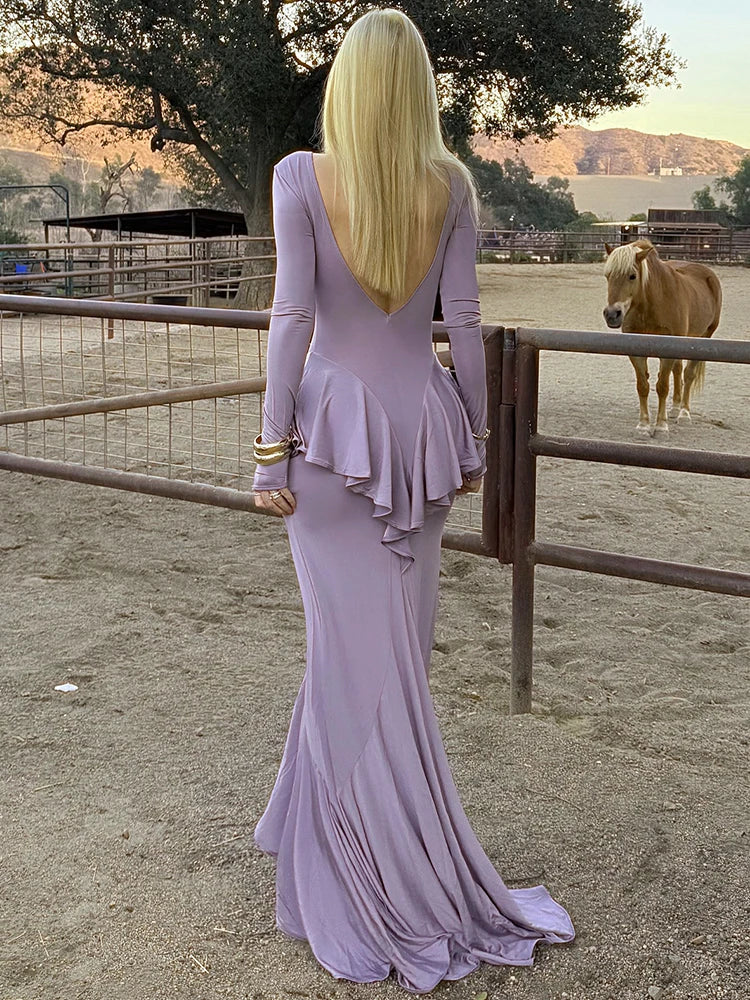 Backless Ruffled Sexy Maxi Dress For Women Gown Fashion O Neck Long Sleeve Thigh High Split Evening Long Dress Elegant