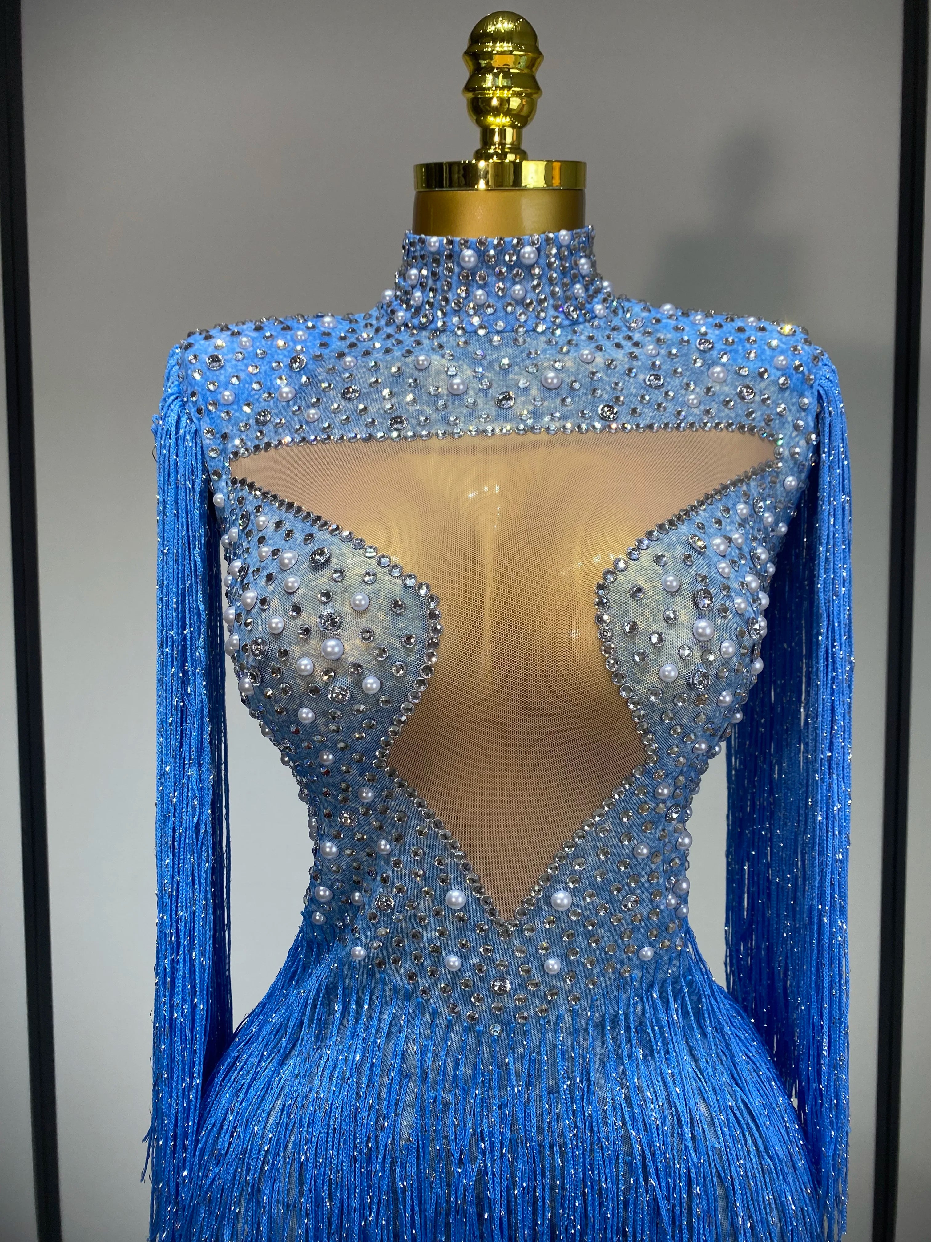 Sparkly Luxury Tassel Bodysuit High Street Strech Transparent Performance Dance Costume Nightclub Celebrate Stage Outfit