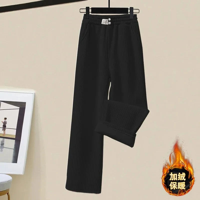 Korean Style Fashion Knitted Sweater Jacket Plush Thickened Wide Leg Pants Two Piece Elegant Women's Pants Set Winter Outfits only black pants