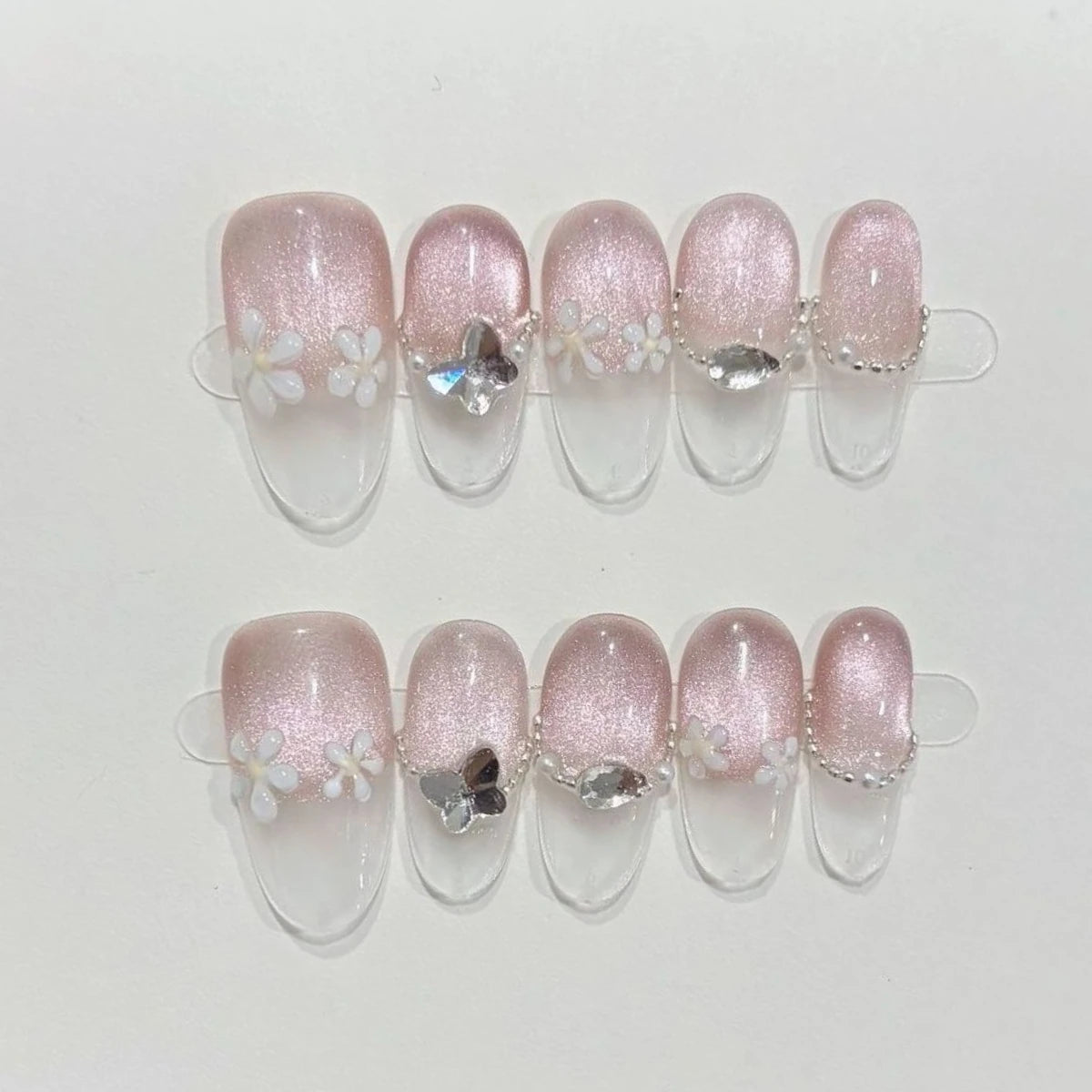 10Pcs Spring Pink Cat Eye Press on Nails with 3D Flower Small Diamond Fashion Set Pearl Chain Nail Tips Detachable Oval Nail Art