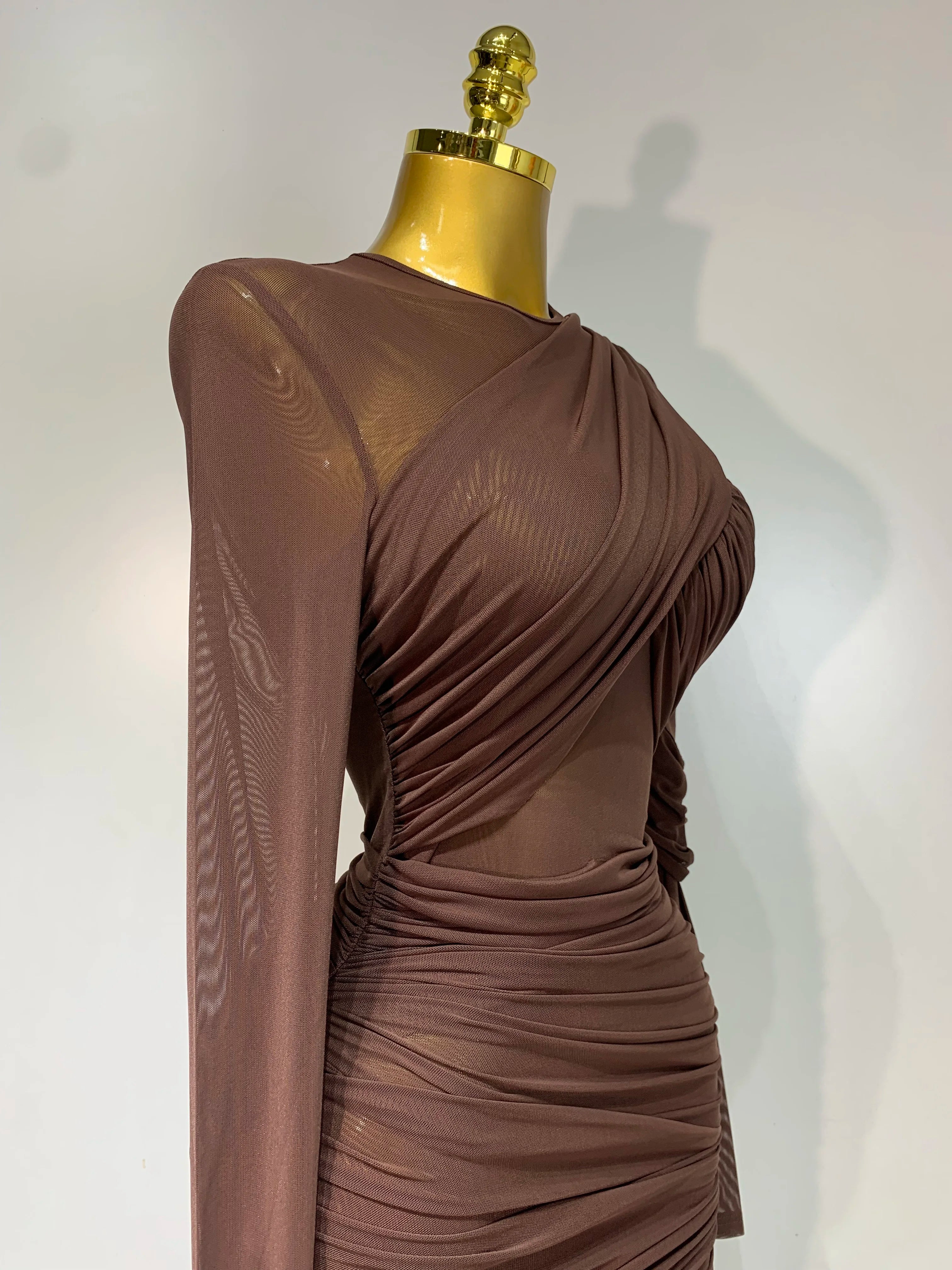 Elegant Brown Mesh Fold Long Sleeve Bodycon Dress Women 2025 Evening Party Club Sexy Perspective Fashion Luxury Birthday Dresses