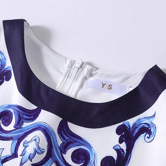 Runway Summer Short Dress Women's O-Neck Sleeveless Yellow Blue And White Porcelain Flower Print Holiday Tank Mini Vestidos