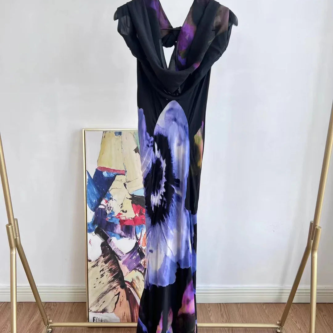 Women New Halo Dye Positioning Print Sexy Backless Hanging Neck V-neck Holiday Wear Maxi Dress for Women