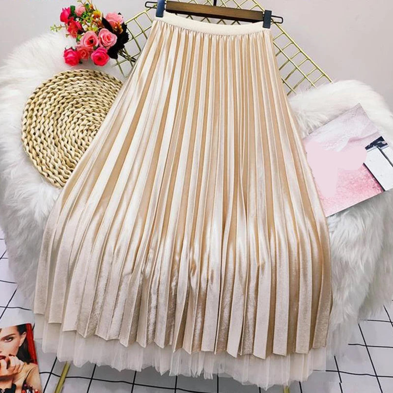 Both Sides Wear Pearls Mesh Skirt Women Summer Velvet High Waist Long Skirts Woman Solid Color A Line Pleated Skirts