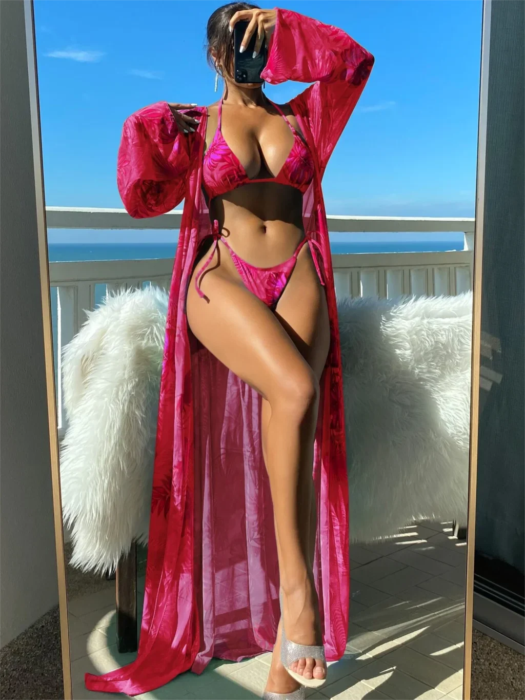 3 Pieces Triangle String Bikini Swimsuit Women & Kimono Swimwear Female Sexy Bathers Bathing Swimming Swim Suit Beachwear Hot Pink