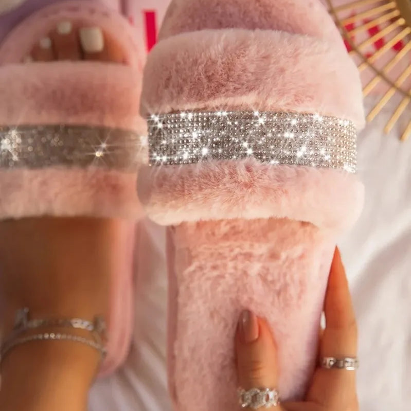 Winter Luxury Rhinestone Women Warm Fur Slippers Cozy Fluffy Furry Slides Crystal Flat Indoor Design Home Shoes Ladies 43