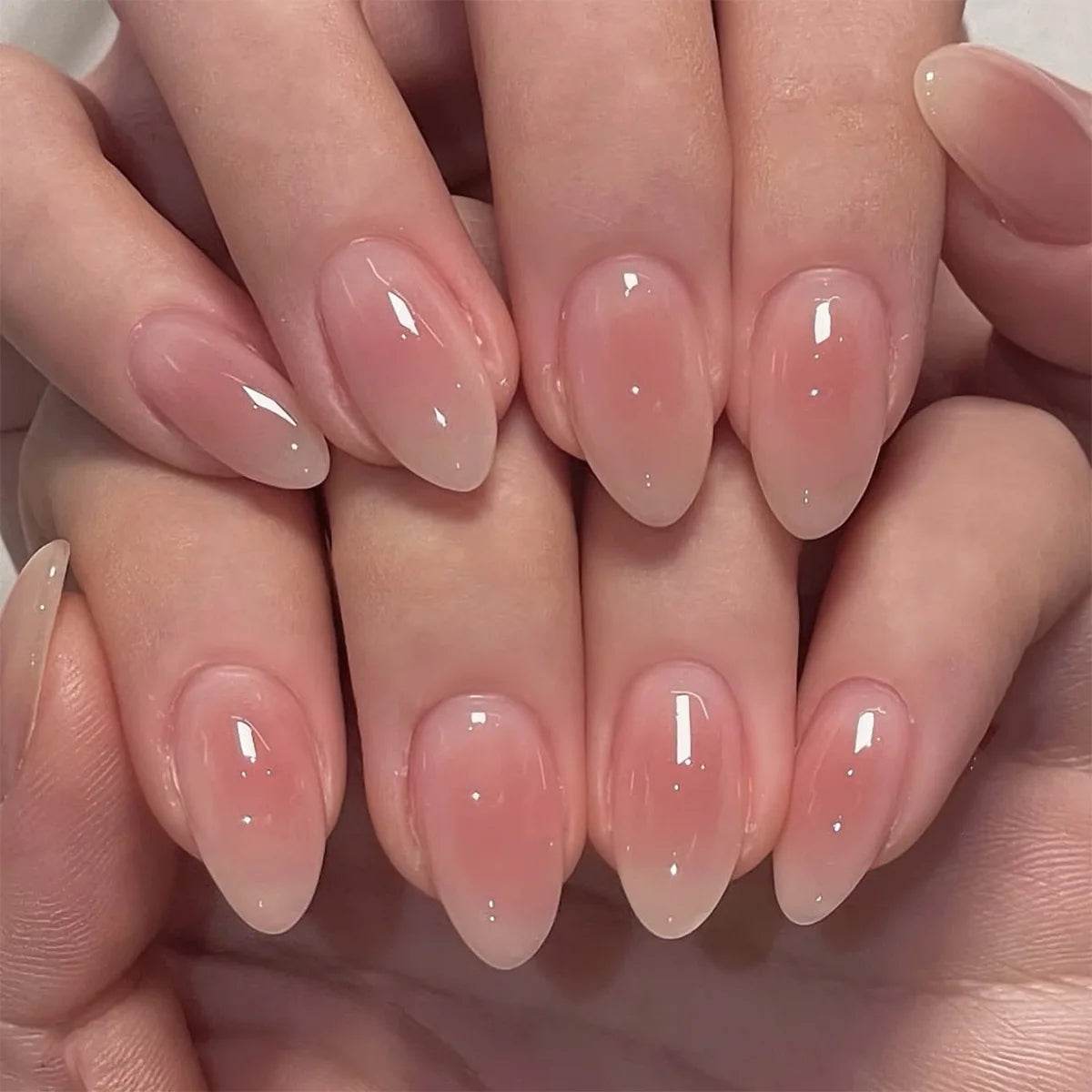 24pcs Nude Pink Glossy Fake Nails with Diamond Nail Tips Art Gradient Glitter Short Almond Oval Fashion Simple Acrylic Nails Set