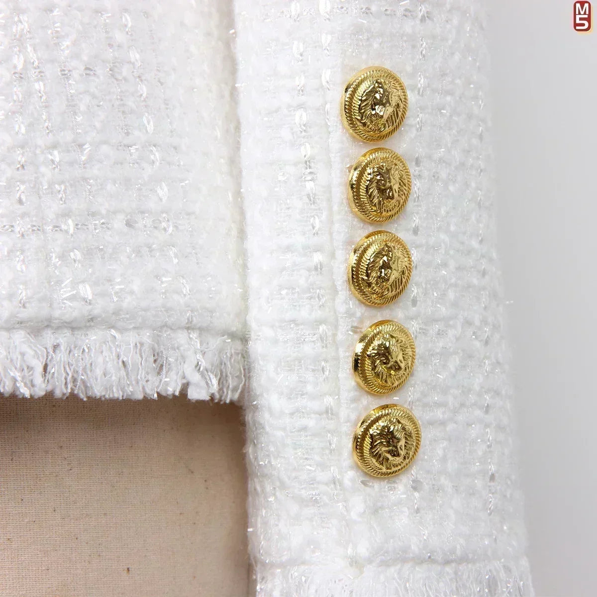 Fashionable and elegant tweed women's suit jacket with tassel edge gold buttons, high-quality design - black and white