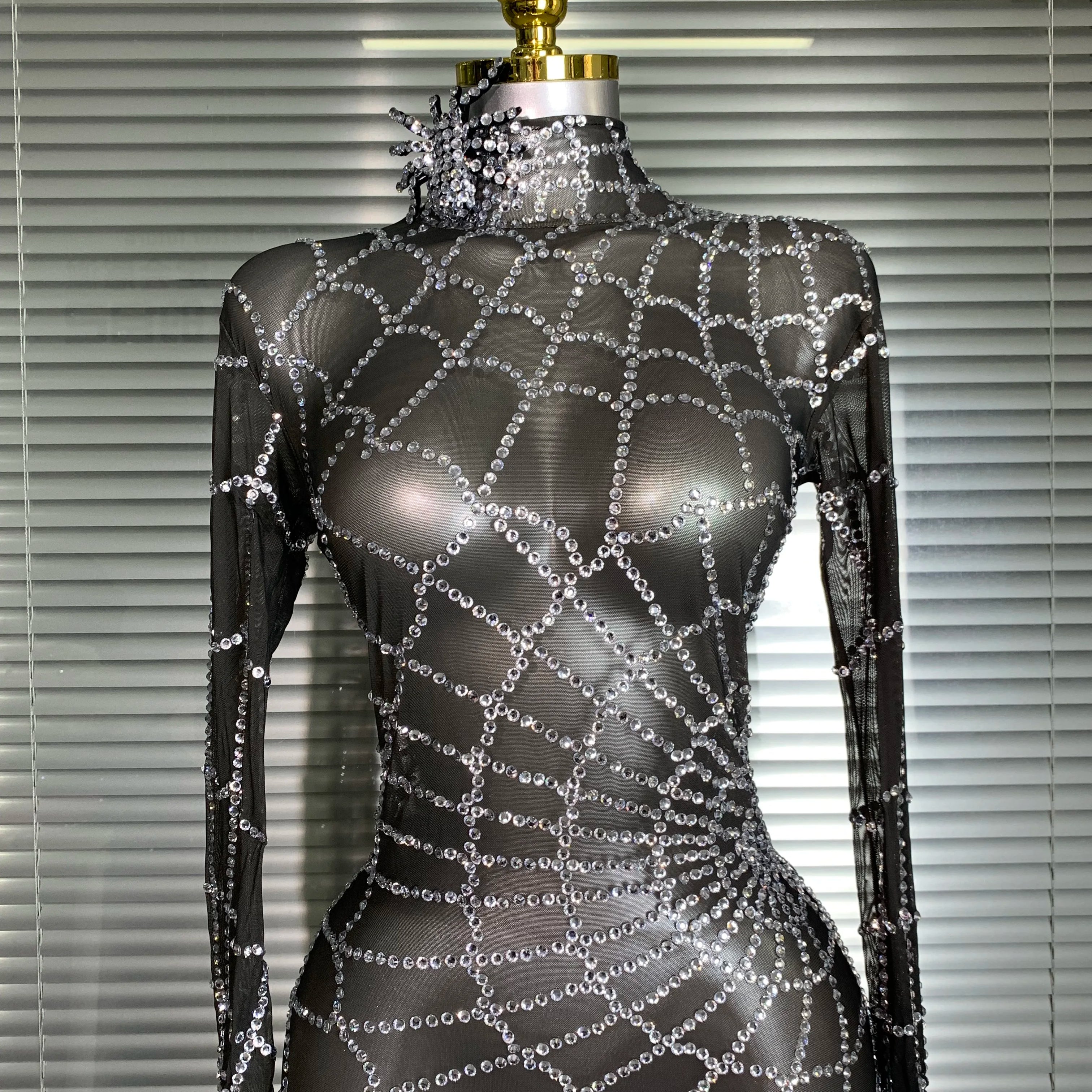 Summer New 2025 Women Sexy Crystal Sheer Black Long Sleeve Bodycon Jumpsuit Celebrity Designer Dancer Night Club Rompers