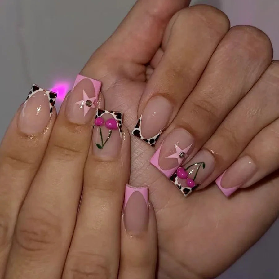 24Pcs Mid-length Square Fake Nails Press on Red Polka Dot Smudge French False Nails with Flower Detachable Full Cover Nails Tips