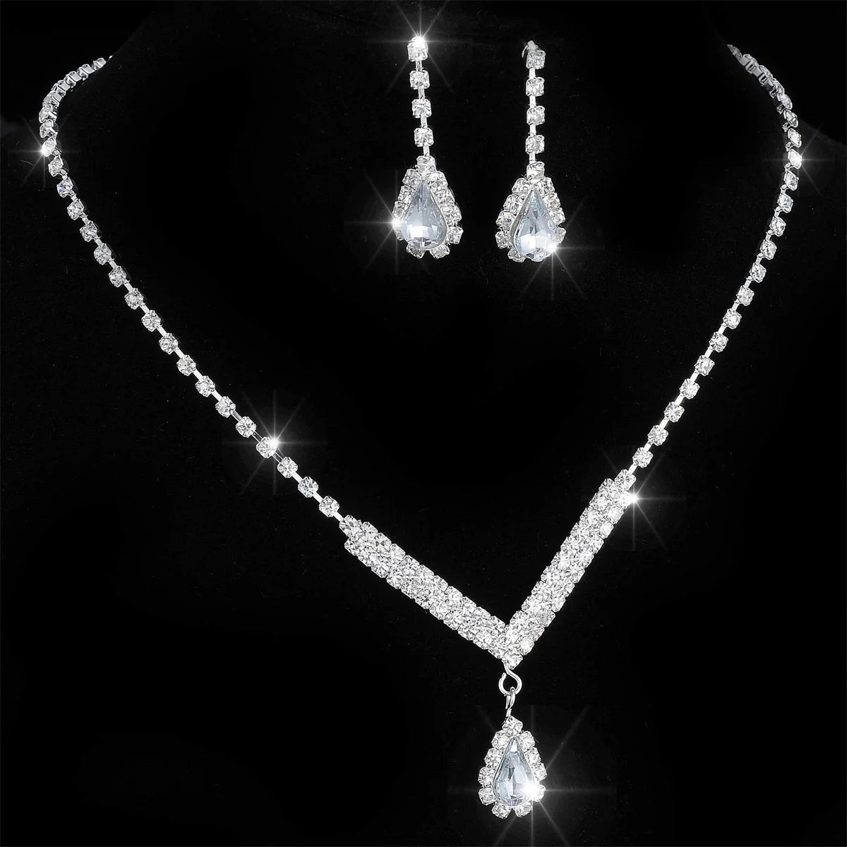 Luxury Elegant Zircon Flower Necklace Earrings Set For Women Silver Color Rhinestone Waterdrop Heart Wedding Bridal Jewelry Set 14F2AF050