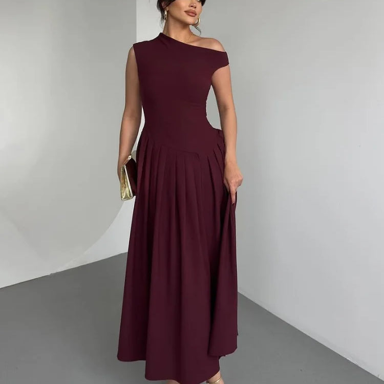 Chic Off Shoulder Irregular Neck Women's Dress Elegant High Waist A-line Hem Pleated Midi Dresses New Summer Lady Commuting Robe