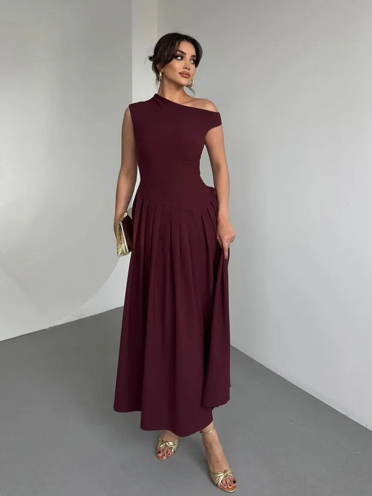 Chic Off Shoulder Irregular Neck Women's Dress Elegant High Waist A-line Hem Pleated Midi Dresses New Summer Lady Commuting Robe