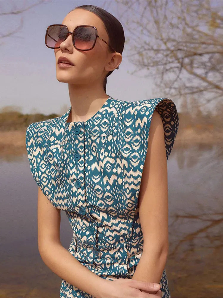 Vintage Flying Sleeve Print Dress For Women Elegant O Neck Single Breasted Pocket Robes Female Office High Street Travel Outfits Blue