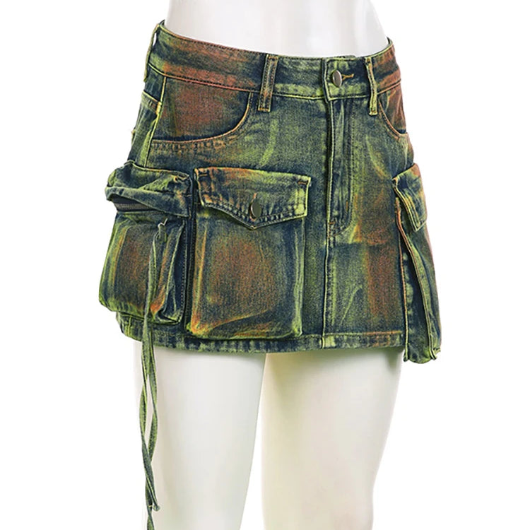 Women's Denim Skirts Tie-dye Green Irregular Spliced Multiple Pockets Cargo Mini Skirt Autumn Fashion