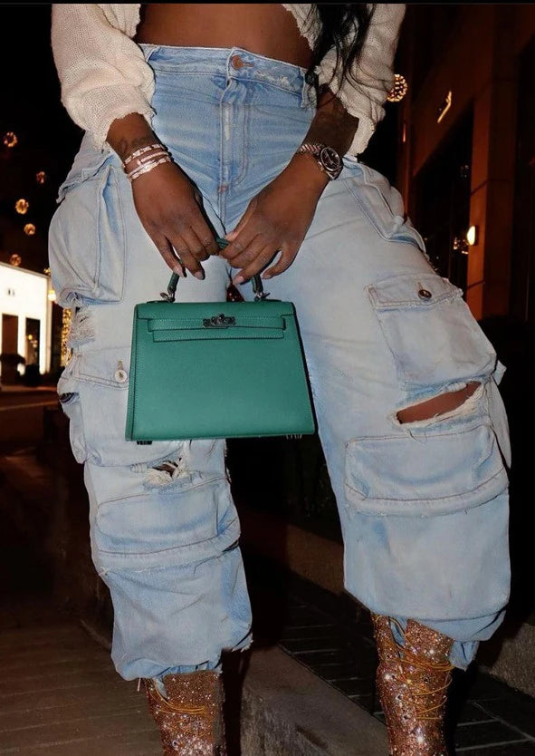 Autumn and winter plus size women's Y2K style cargo multi-pocket loose straight-leg ripped casual mopping jeans