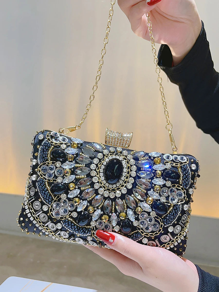 Beaded Rhinestone Evening Bag Elegant Box Clutch Purse Women's Wedding Handbags For Party Prom