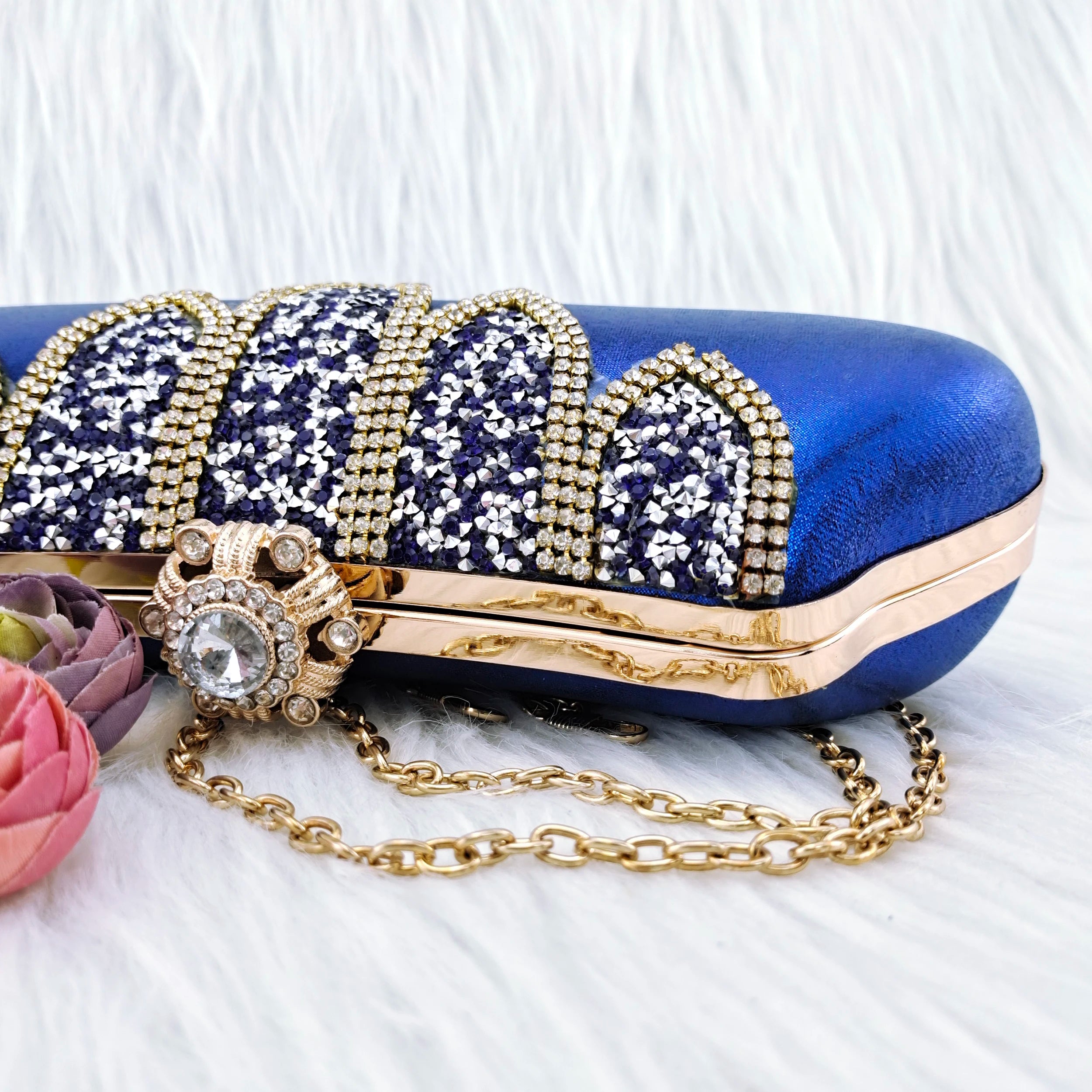 Fashion Handbags Party Bag Rhinestone Decoration Banquet Bag Moon Bag Royal Blue color