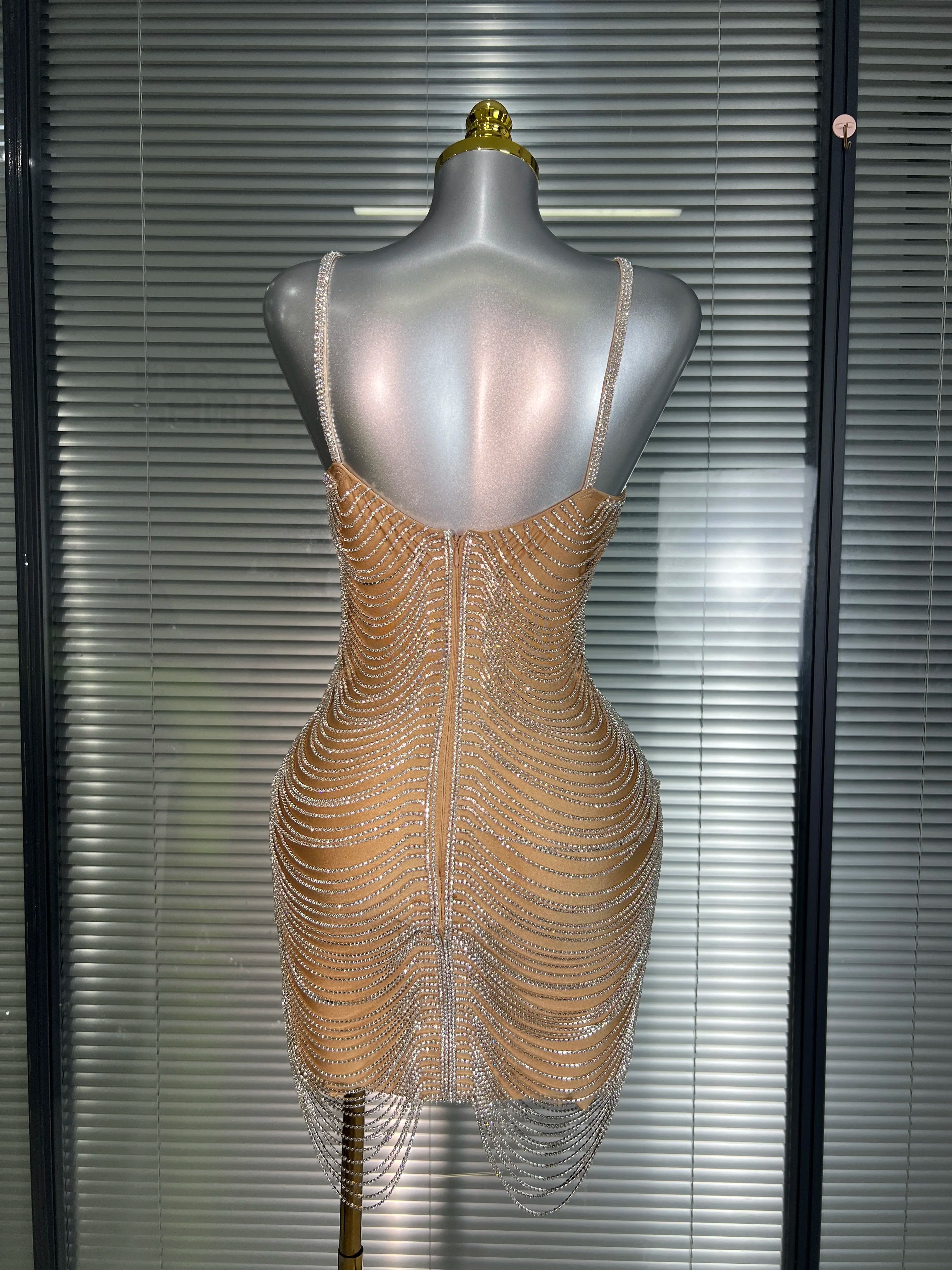 Ins Celebrity New Women Sexy Khaki Crystal Shining Mini Dress Stage Costume Dancer Singer Night Club Sparkly Party Dress