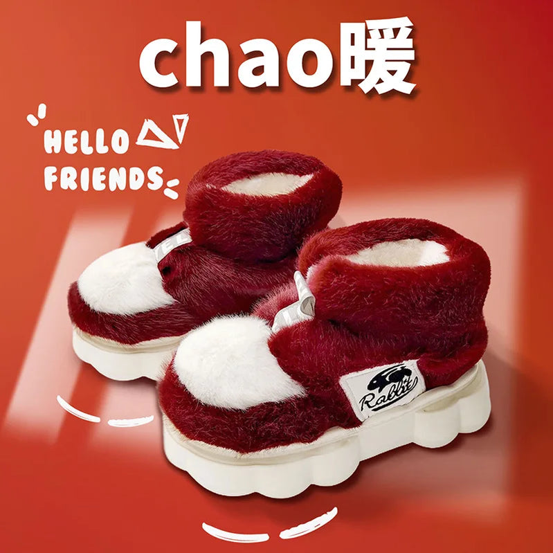 Women Warm Cotton Shoes Couples Winter Home Slippers Soft Plush Thick Sole Fluffy Footwear Female Male Indoor Street Snow Boots wine red