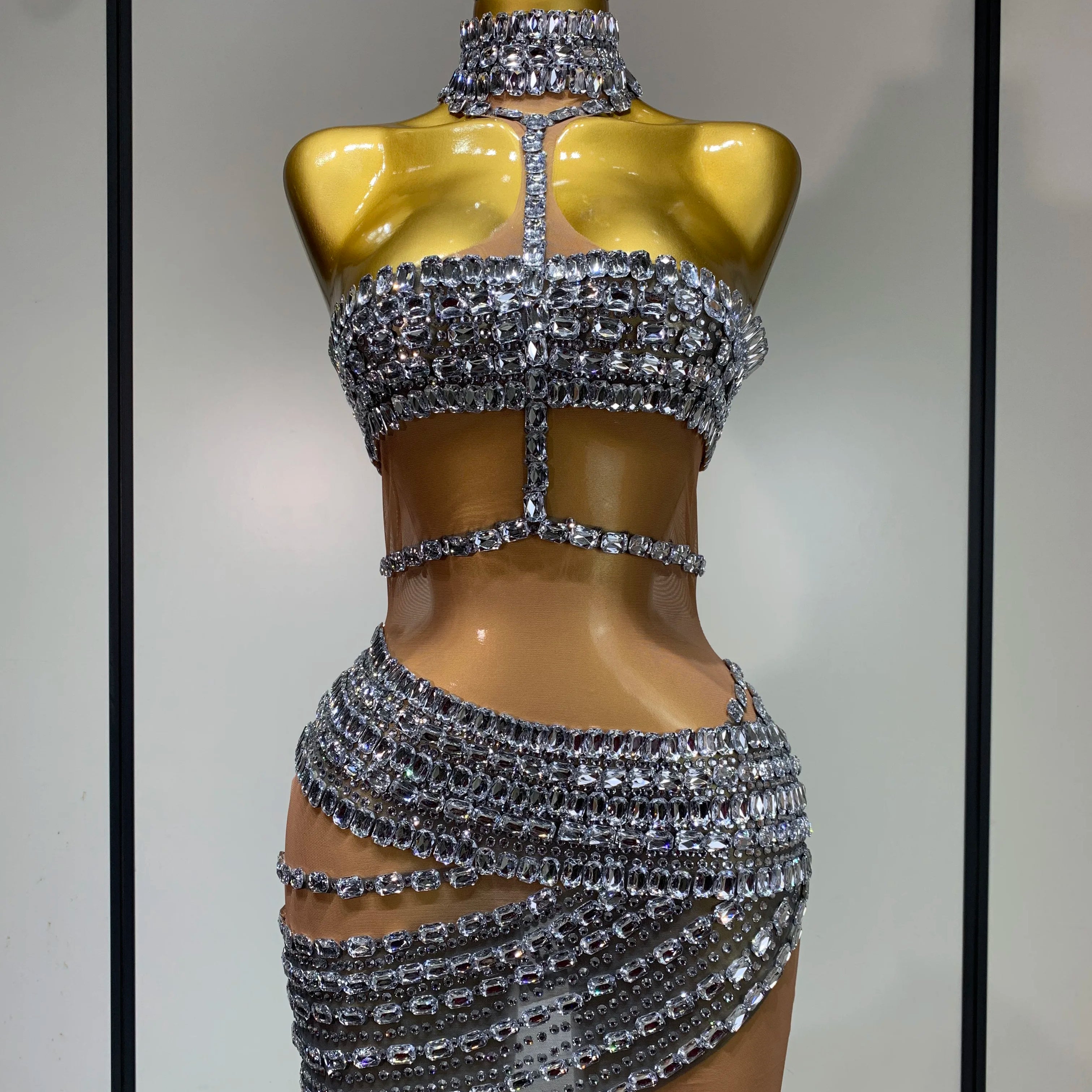 Sparkly Red Rhinestone Mini Dress Womer Sexy Mesh Birthday Wedding Party Prom Gowns Drag Queen Costume Singer Stage Outfit