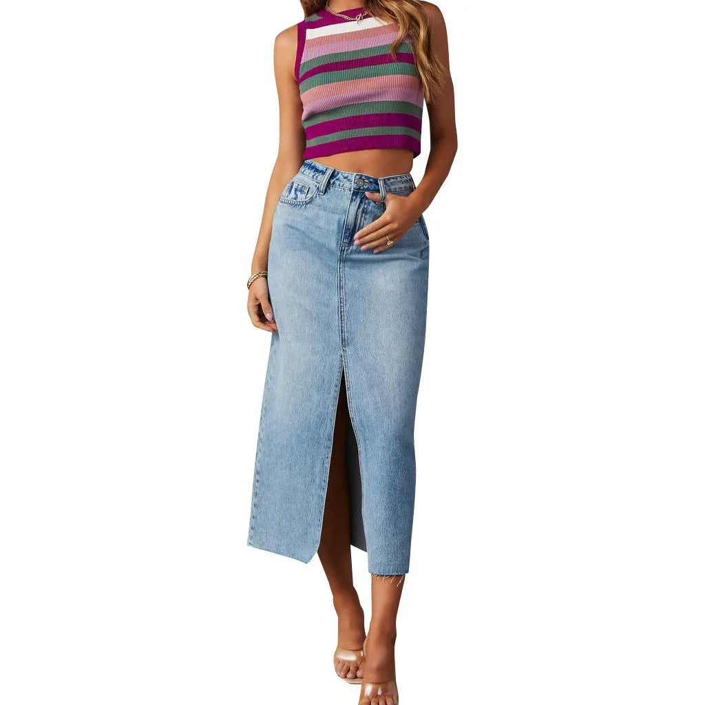 Vintage Y2k Blue Skirt Pocket Jeans Tassel Maxi Spring Autumn Slit Stretch Denim Club E-girl Streetwear Skirts Maxi Long Skirt