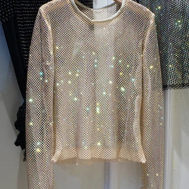Ladies Temperament Rhinestone Round Neck Long Sleeve Bright Starlight Hollow Shiny Bottoming Shirt Women's Top Trend champagne One Size