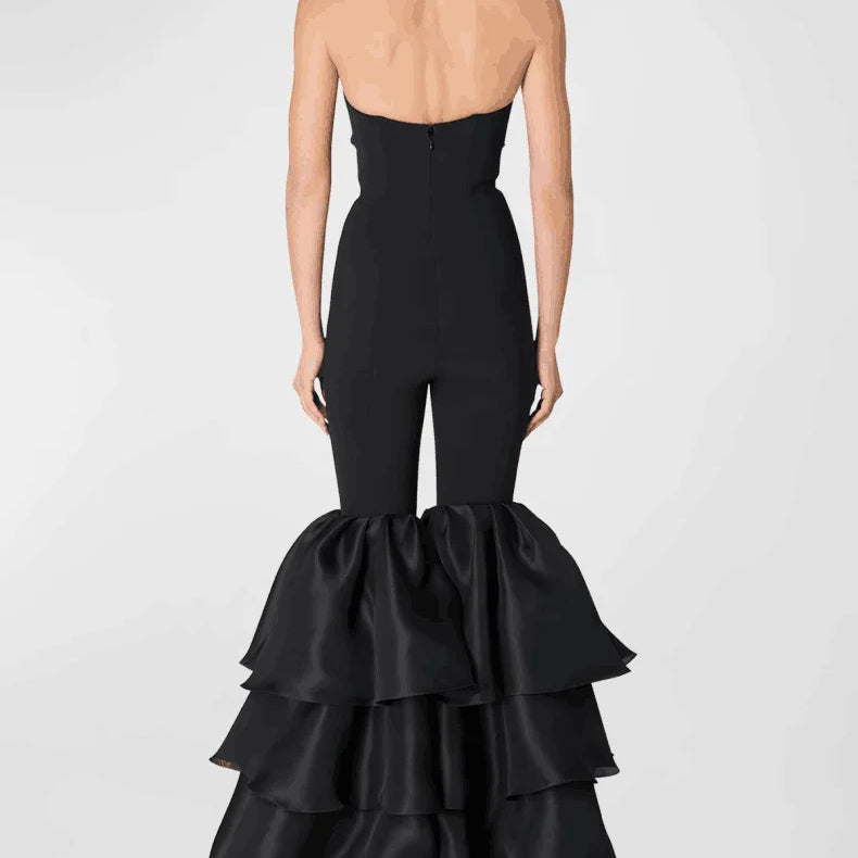 New Arrival Stylish Flare Pants Strapless Black Bandage Jumpsuit Woman Fashion  Party Outfit Nightclub Performance Costume