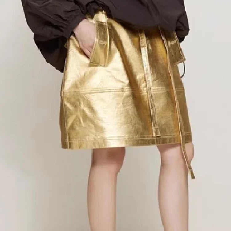 Summer Autumn Gold Shiny Faux Leather Skirt Women with Sashes A Line Korean Style Clothes Streetwear 2023 Runway Fashion