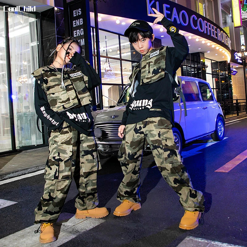 Boys Streetwear Girls Hip Hop Camouflage Vest Cargo Pants Children Military Jogger Street Dance Kids Costume Teen Fashion Outfit