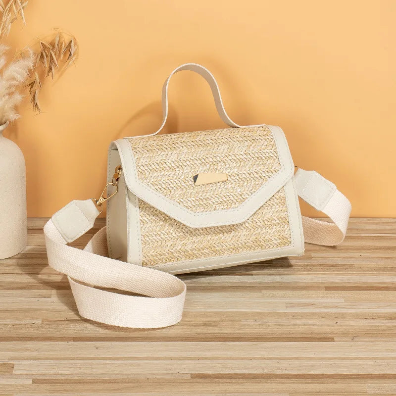 Straw Woven Handbag, Trendy and Fashionable, Simple Woven Sequin Decoration, Cross Body Small Square Bag Bags for Women WHITE