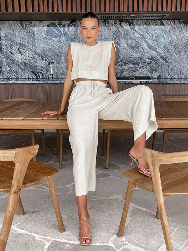 Casual Linen Lace Up Hollow Out Top Pants Sets Women O-neck Sleeveless Crop Tank Drawstring Trouser Suits Female Beach Outfits