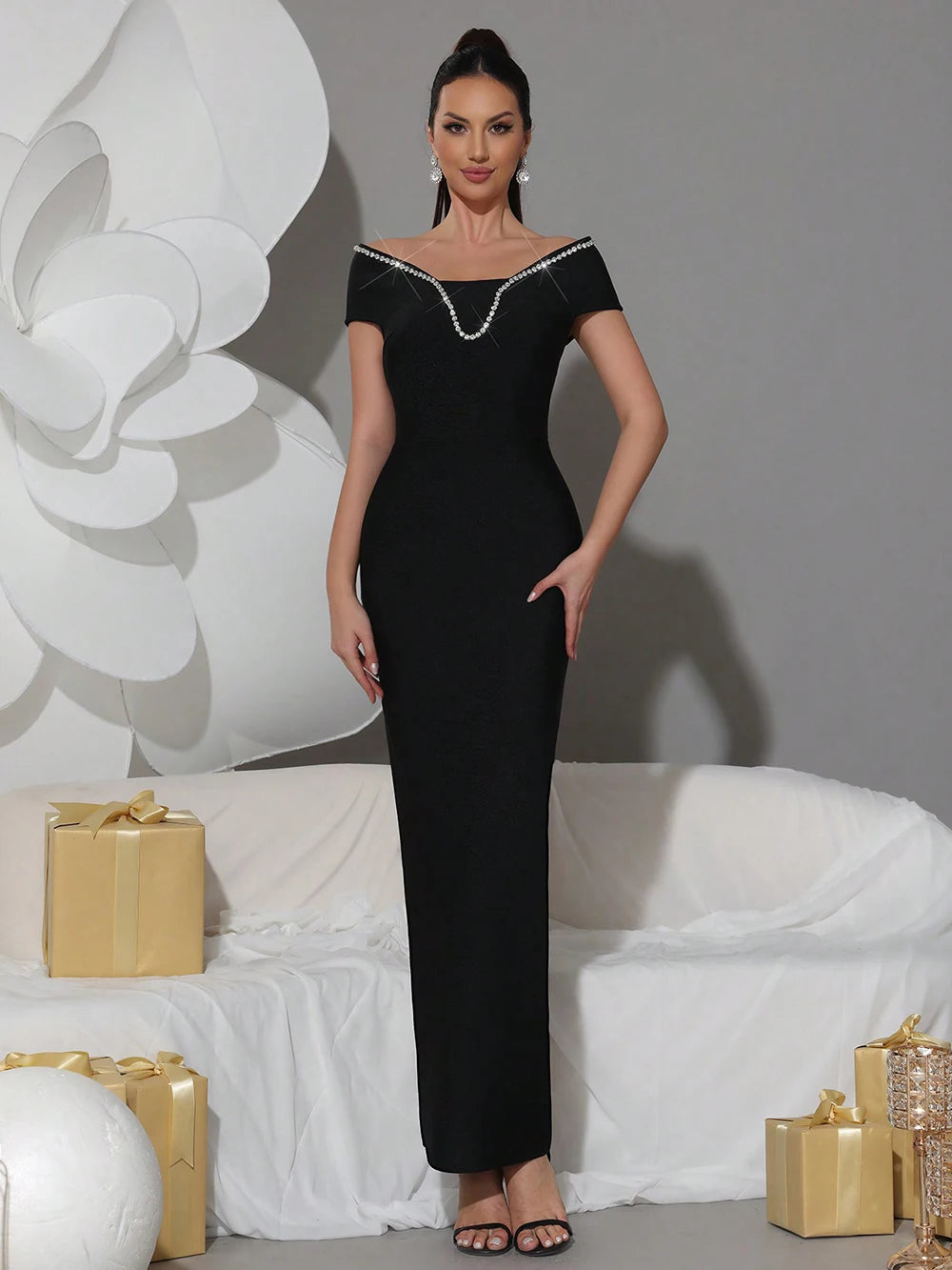2025 New Sexy Off Shoulder Diamond Tight Bandage Maxi Long Dress Women's Short Sleeve Elegant Celebrity Evening Party Gowns