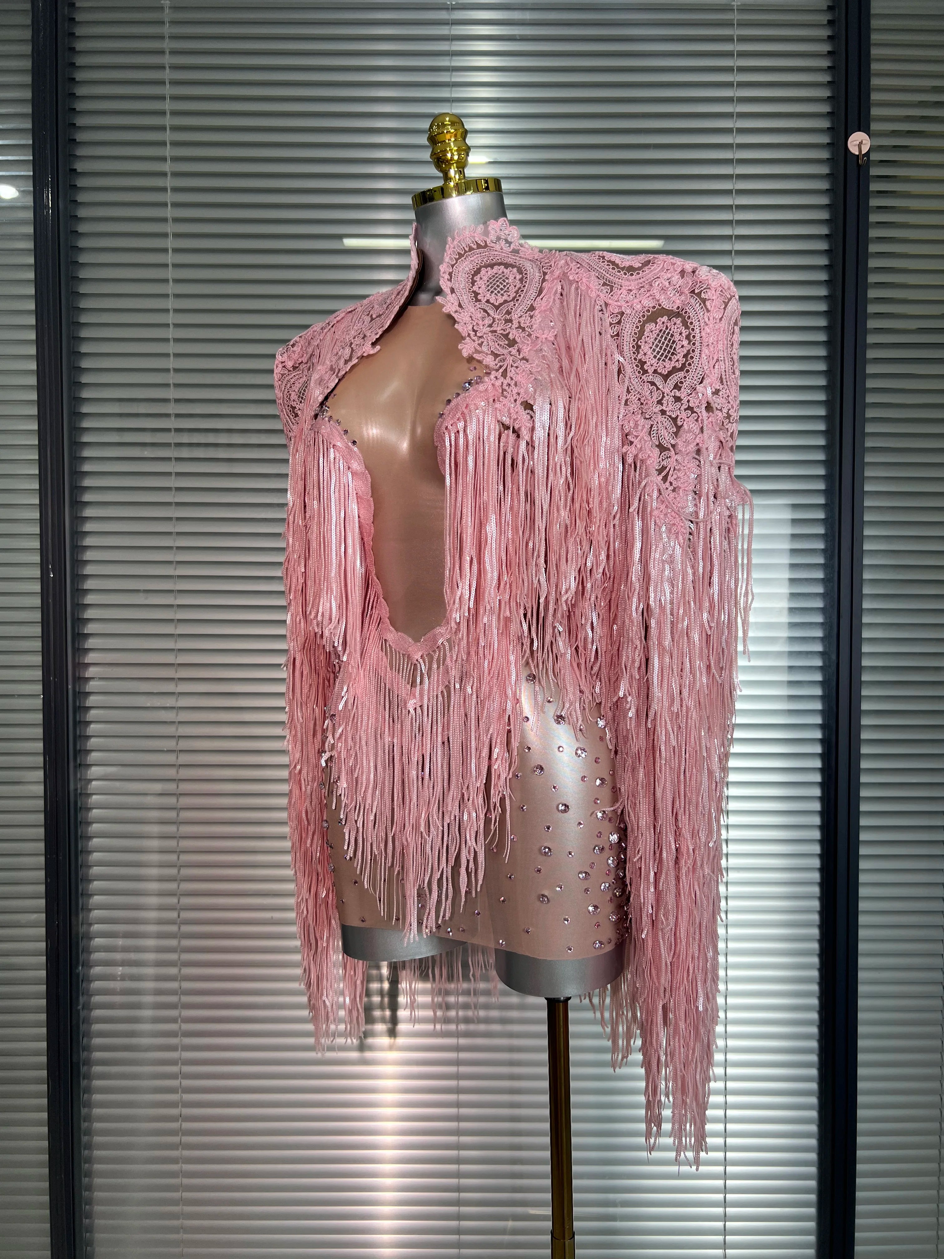 Celebrity New Women Sexy Mesh Sheer Crystal Stage Costume Stage Dancer Night Club Tank Mini Party Dress Coat 2 Pieces Set