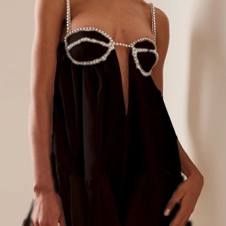 DEAT New Trendy Women's Diamonds Chain Pleated Sling Dress Spring Fashion Off-shoulder Sleeveless Dresses Female 33A1209