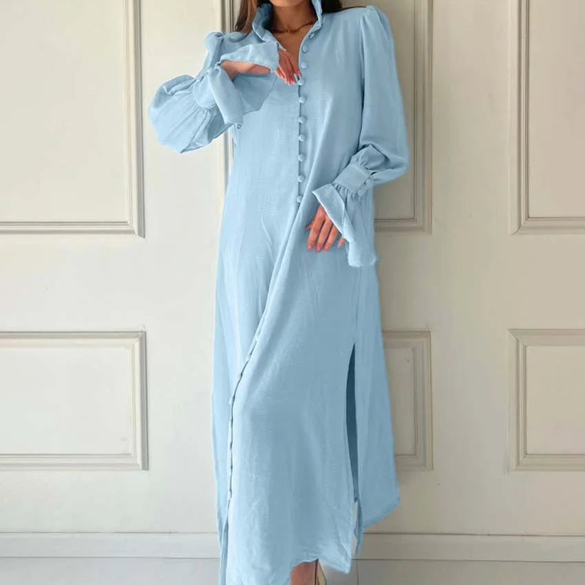 Elegant Blue Straight Womens Dresses Fashion Single Breasted Long Sleeve Dresses Casual Side Slit Mid-Calf Dress Female