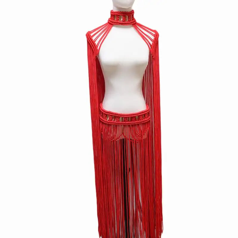 Tassel Hand Crochet Knitted Women Bikini Cover Ups 2023 Summer Holiday Beach Bathing Suit Sexy Hollow Out Skirts Matching Set A02red One Size