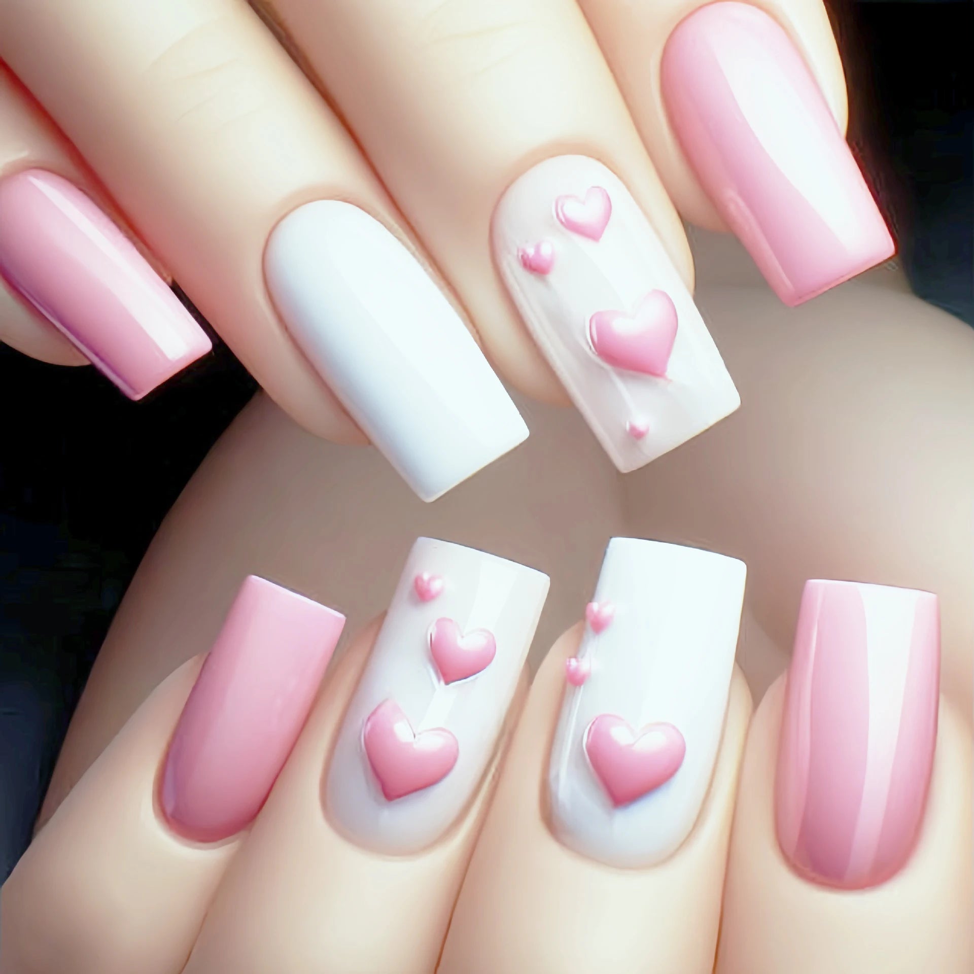 24pcs/set medium long fake nails for women cute gradient pink red heart rose flowers for Valentine's Day press on acrylic nails