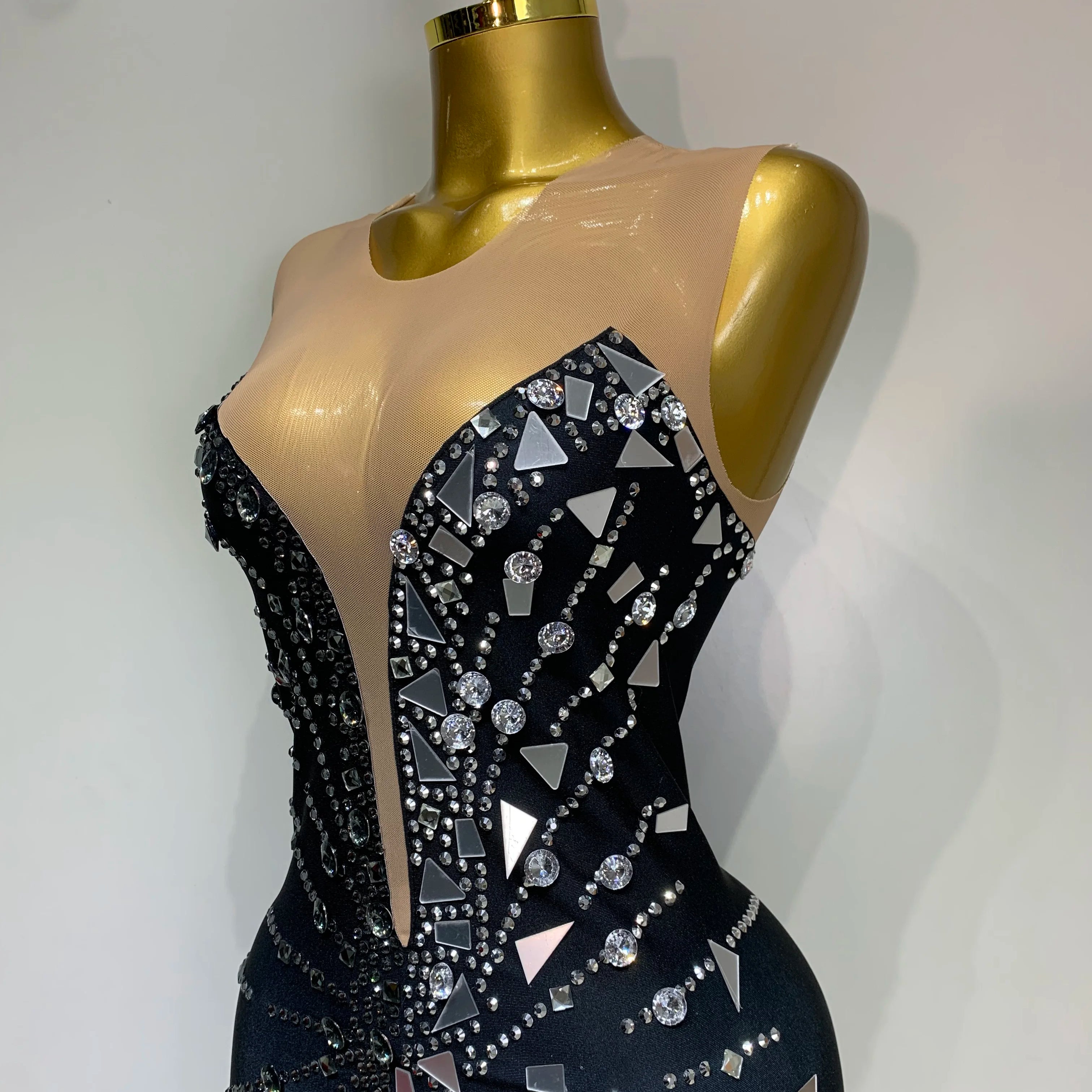 Vestido preto com patchwork e strass, com lentes de laço, vestido longo para festa, comemoração, baile de formatura, palco, festival