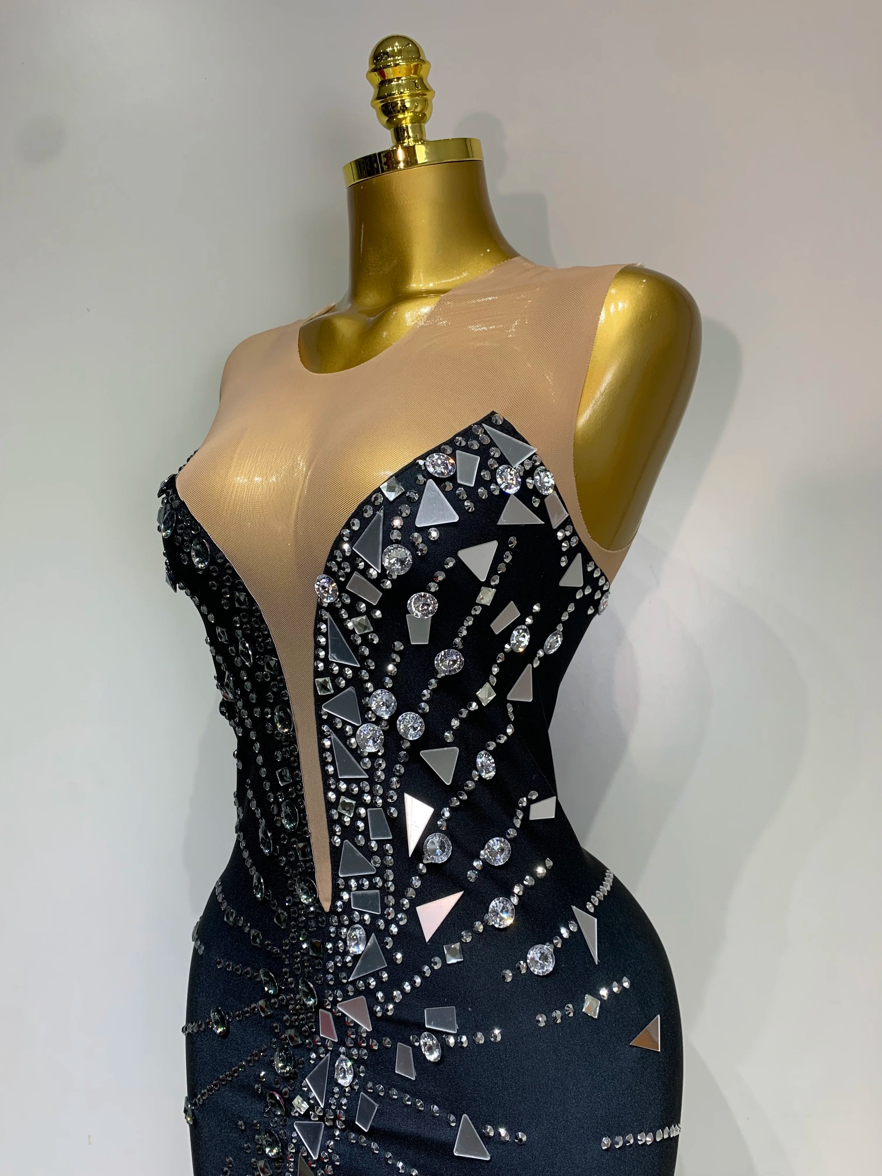 Vestido preto com patchwork e strass, com lentes de laço, vestido longo para festa, comemoração, baile de formatura, palco, festival