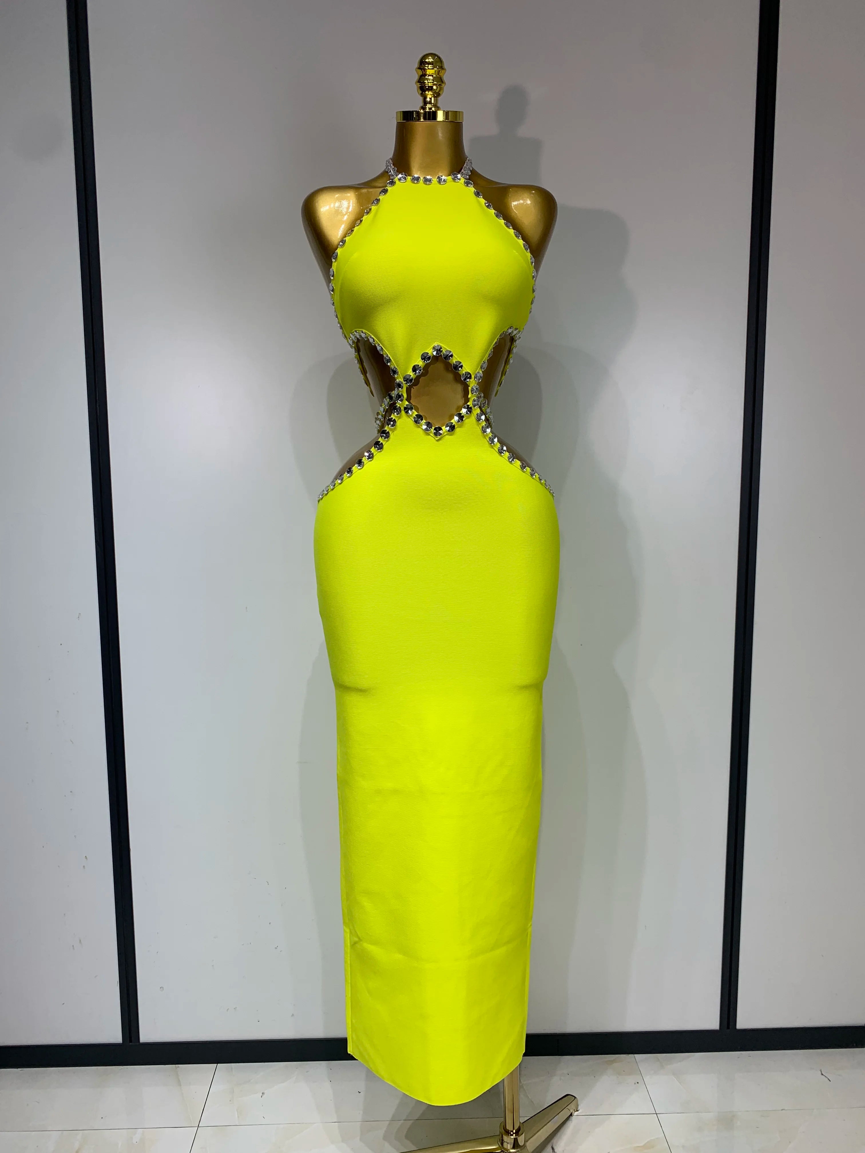 Women Luxury Sexy Backless Halter Beading Maxi Long Lemon Yellow Bandage Dress 2025 Elegant Evening Club Birthday Party Dress