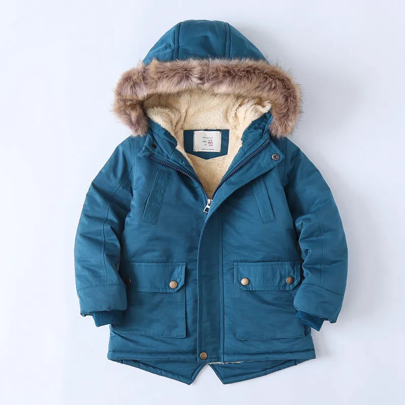 Boys Coats Autumn Winter Fashion Hooded Fur Children's Plus Velvet Warming Cotton Outerwear For Kids Jacket 5-14 Years Lake blue