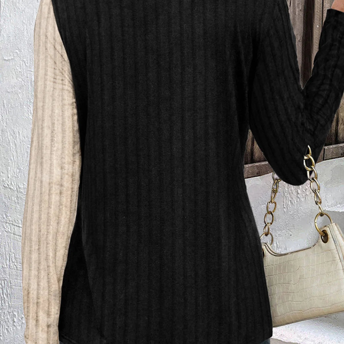 Color-Blocked Ribbed Button Hollow Out Blouse Elegant Women Casual Long Sleeve Loose Fashion Comfy Autumn Commuter Tops