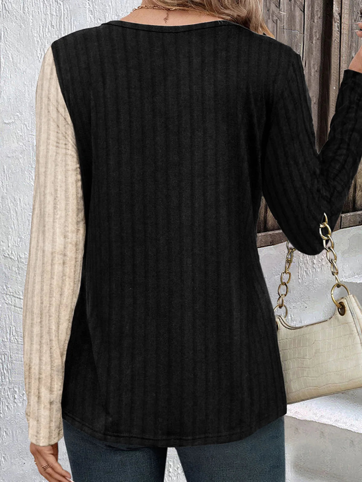 Color-Blocked Ribbed Button Hollow Out Blouse Elegant Women Casual Long Sleeve Loose Fashion Comfy Autumn Commuter Tops