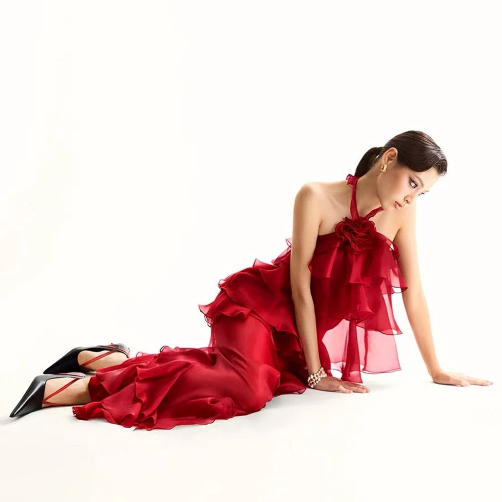 Women Gauze Perspective Irregular Elegant Long Party Dress New Ruffles Sleeveless Fashion Tide Summer 2025