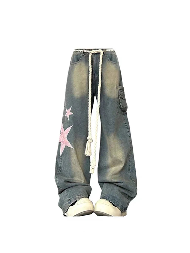Women Baggy Star Jeans Vintage Harajuku Oversize High Waist Denim Trouser Emo 2000s Y2k 90s Aesthetic Wide Pants Trashy Clothes